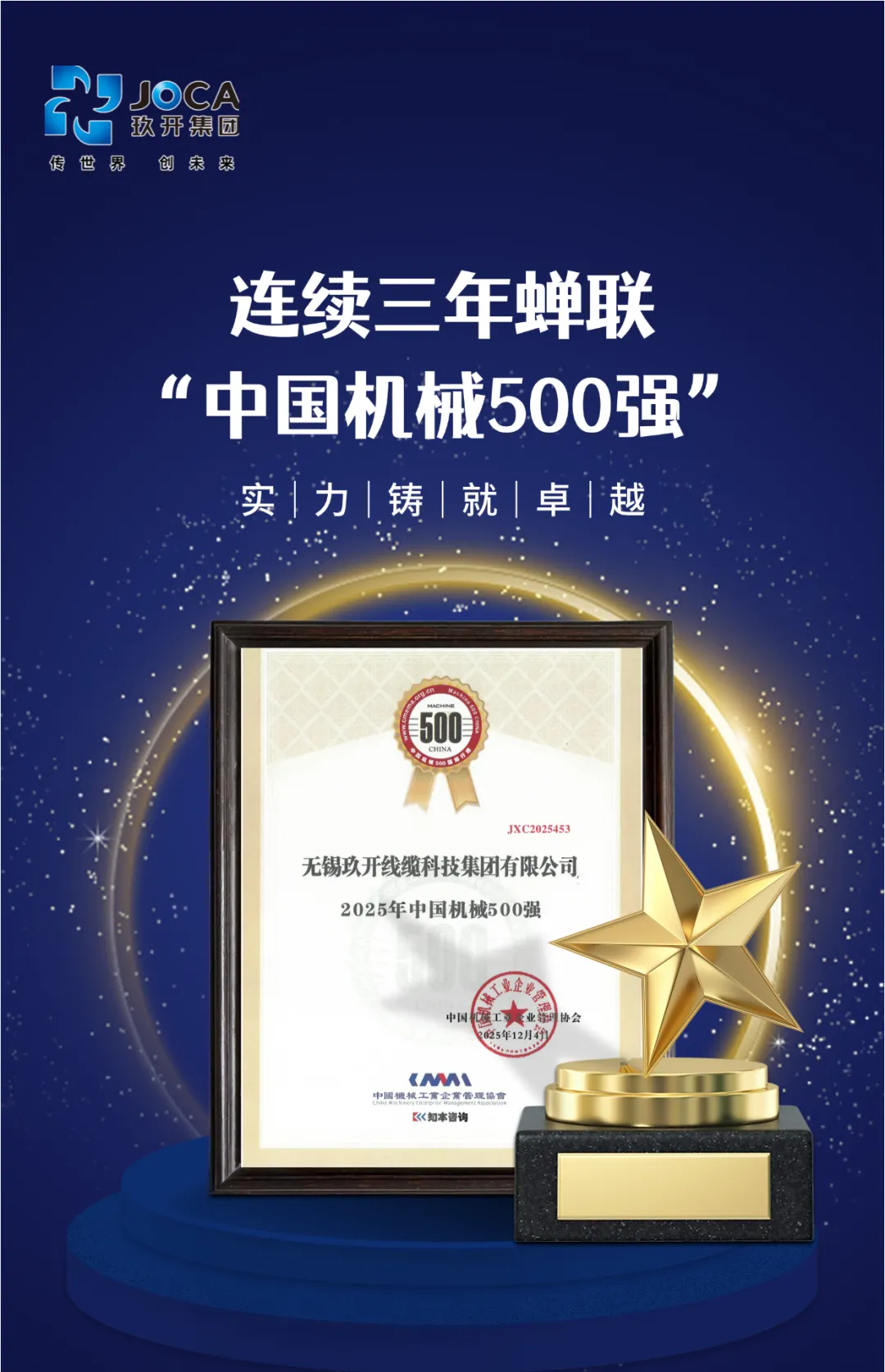 玖開(kāi)集團(tuán)連續(xù)三年榮登“中國(guó)機(jī)械500強(qiáng)” 綜合實(shí)力再獲權(quán)威認(rèn)可